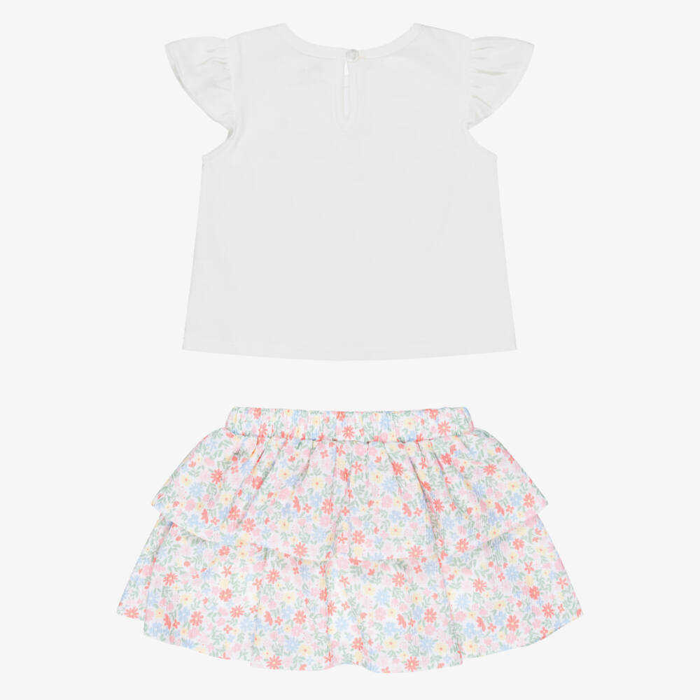 Little Me-Girls White Top and Pink Floral Skirt Set | Childrensalon