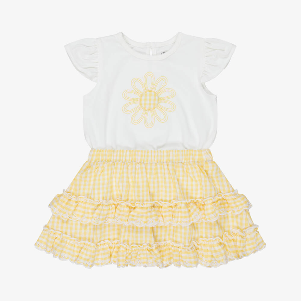 Little Me-Girls Yellow Gingham Cotton Ruffle Skirt Set | Childrensalon