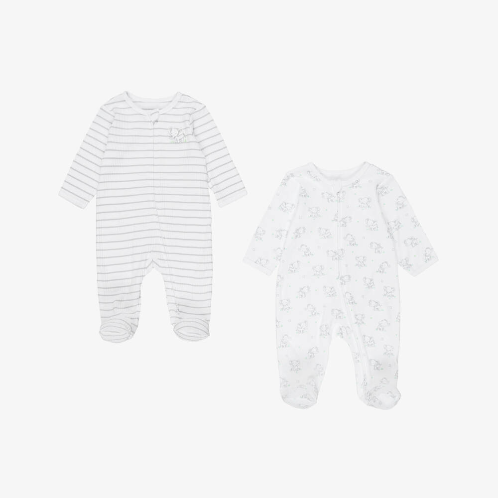 Little Me-White Babysuits with Grey Elephants & Stripes (2 Pack) | Childrensalon