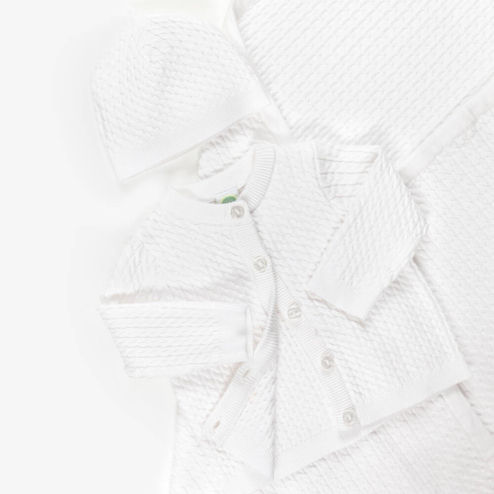 Little Me-White Cotton Cable Knit Baby Cardigan Set | Childrensalon