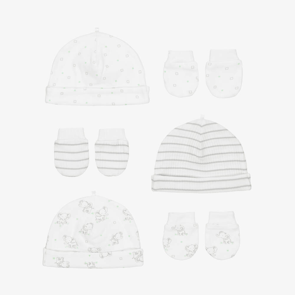 Little Me-White & Grey Baby Elephant Cotton Hat & Mittens Set | Childrensalon