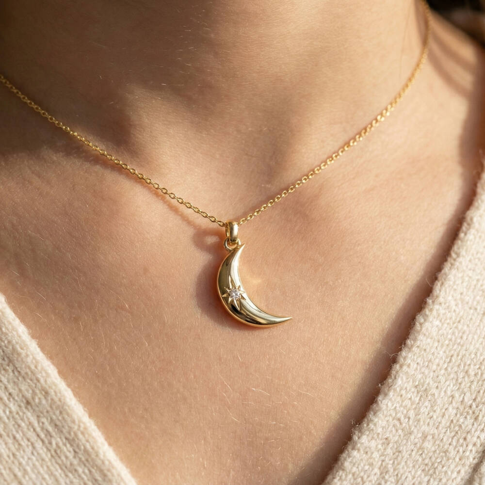 Little Star-9ct Yellow Gold & Diamond Moon Necklace (38cm) | Childrensalon