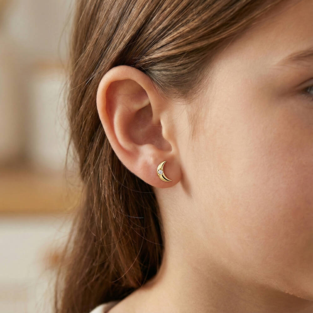 Little Star-9ct Yellow Gold Diamond Moon Stud Earrings | Childrensalon