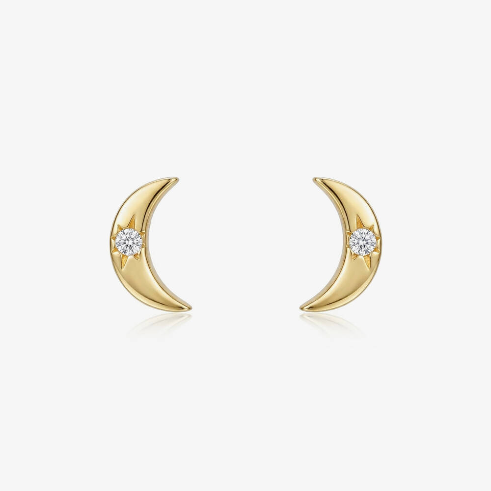 Little Star-9ct Yellow Gold Diamond Moon Stud Earrings | Childrensalon