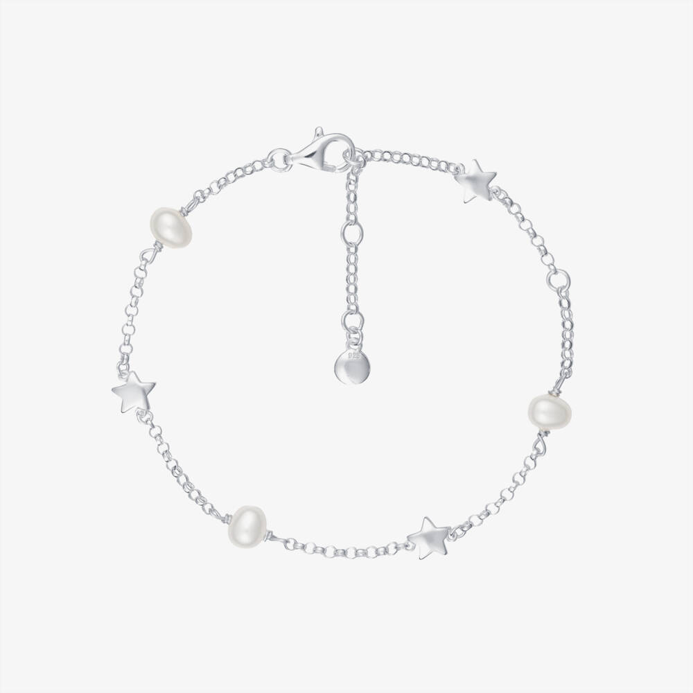 Little Star-سوار فضة استرليني مزين بنجوم ولؤلؤ لون عاجي للبنات | Childrensalon