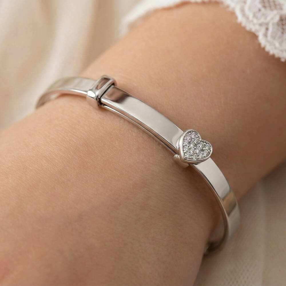 Little Star-Girls Personalised Silver & Diamond Micro Pave Heart Bangle | Childrensalon