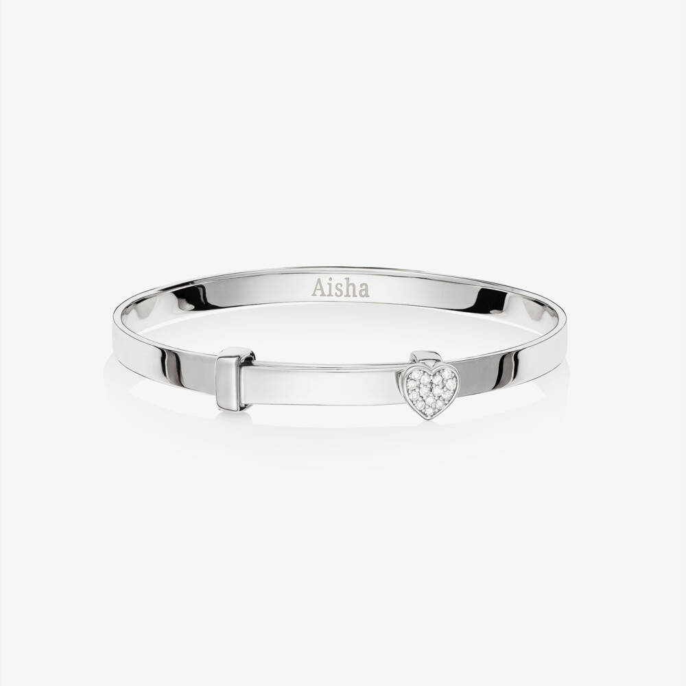 Little Star-Girls Personalised Silver & Diamond Micro Pave Heart Bangle | Childrensalon