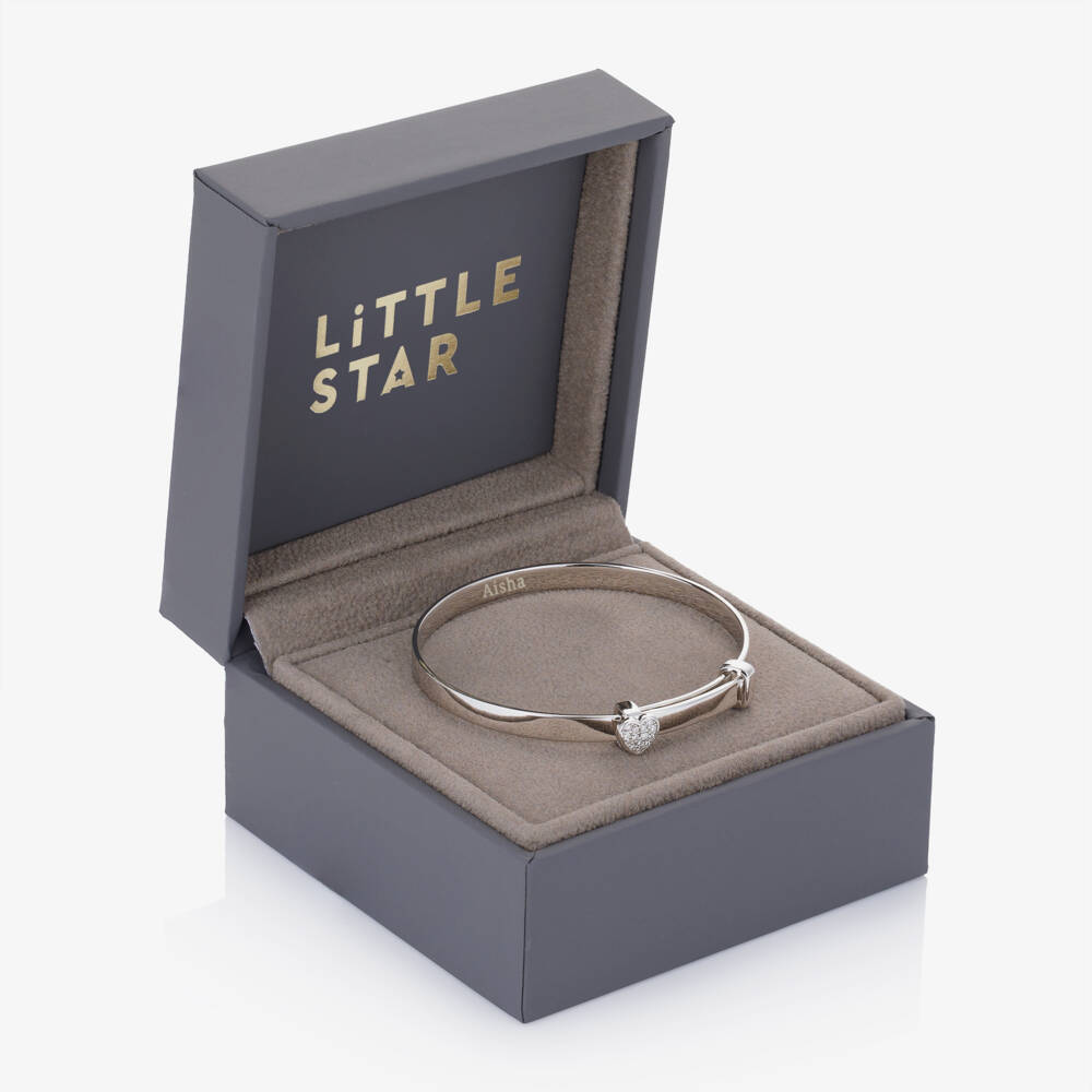 Little Star-Girls Personalised Silver & Diamond Micro Pave Heart Bangle | Childrensalon
