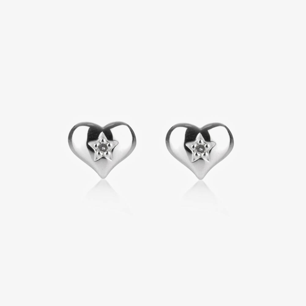 Little Star-Girls Sterling Silver Diamond Heart Earrings | Childrensalon