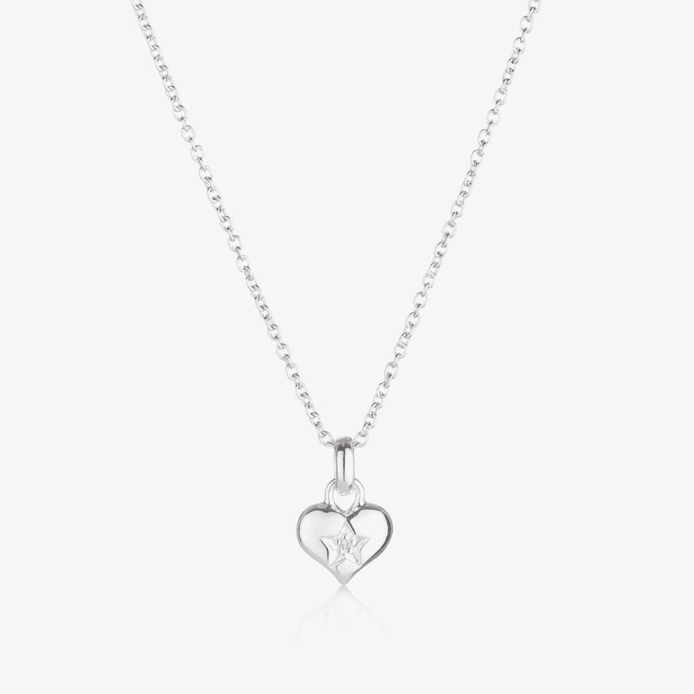 Little Star-Girls Sterling Silver Diamond Heart Necklace (38cm) | Childrensalon