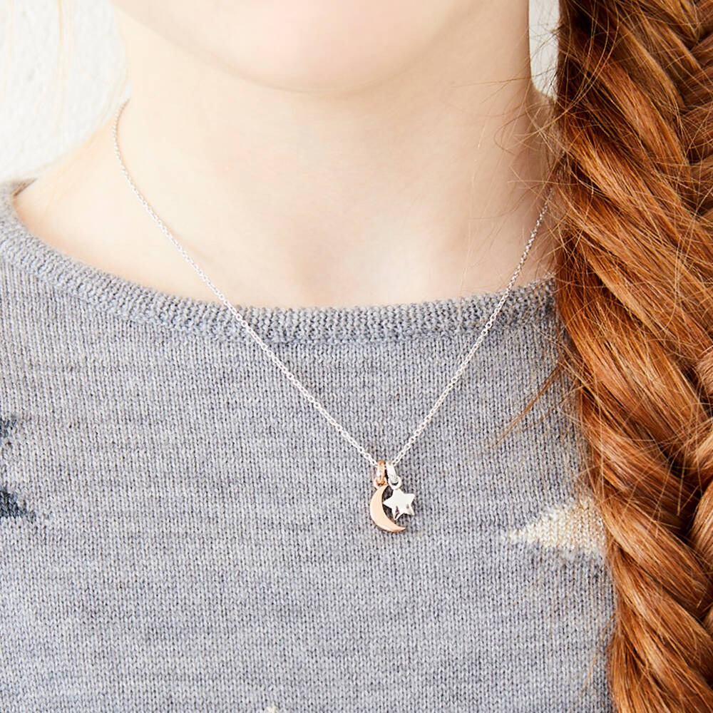 Little Star-Girls Sterling Silver Star & Moon Necklace (38cm) | Childrensalon