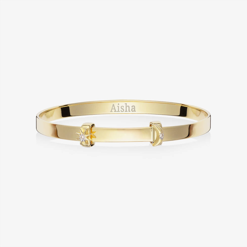 Little Star-Personalised 9ct Yellow Gold Diamond Moon & Star Bangle (45cm) | Childrensalon
