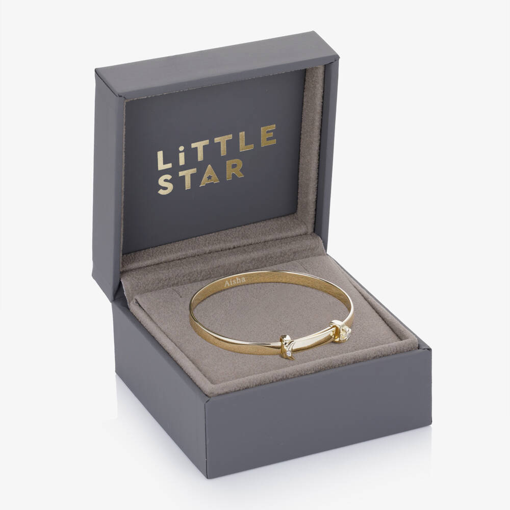 Little Star-Personalised 9ct Yellow Gold Diamond Moon & Star Bangle (45cm) | Childrensalon