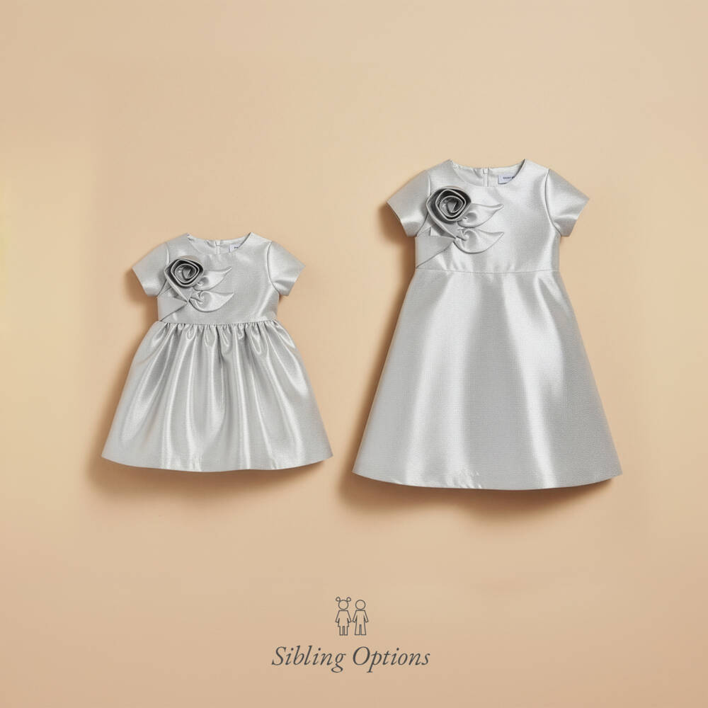Mama Luma-Baby Girls Metallic Silver Satin Dress with Rose Appliqué | Childrensalon