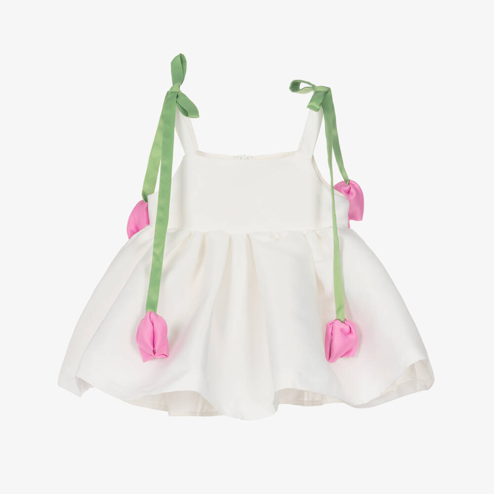 Mama Luma-Платье белое атласное с тюльпанами для девочек | Childrensalon