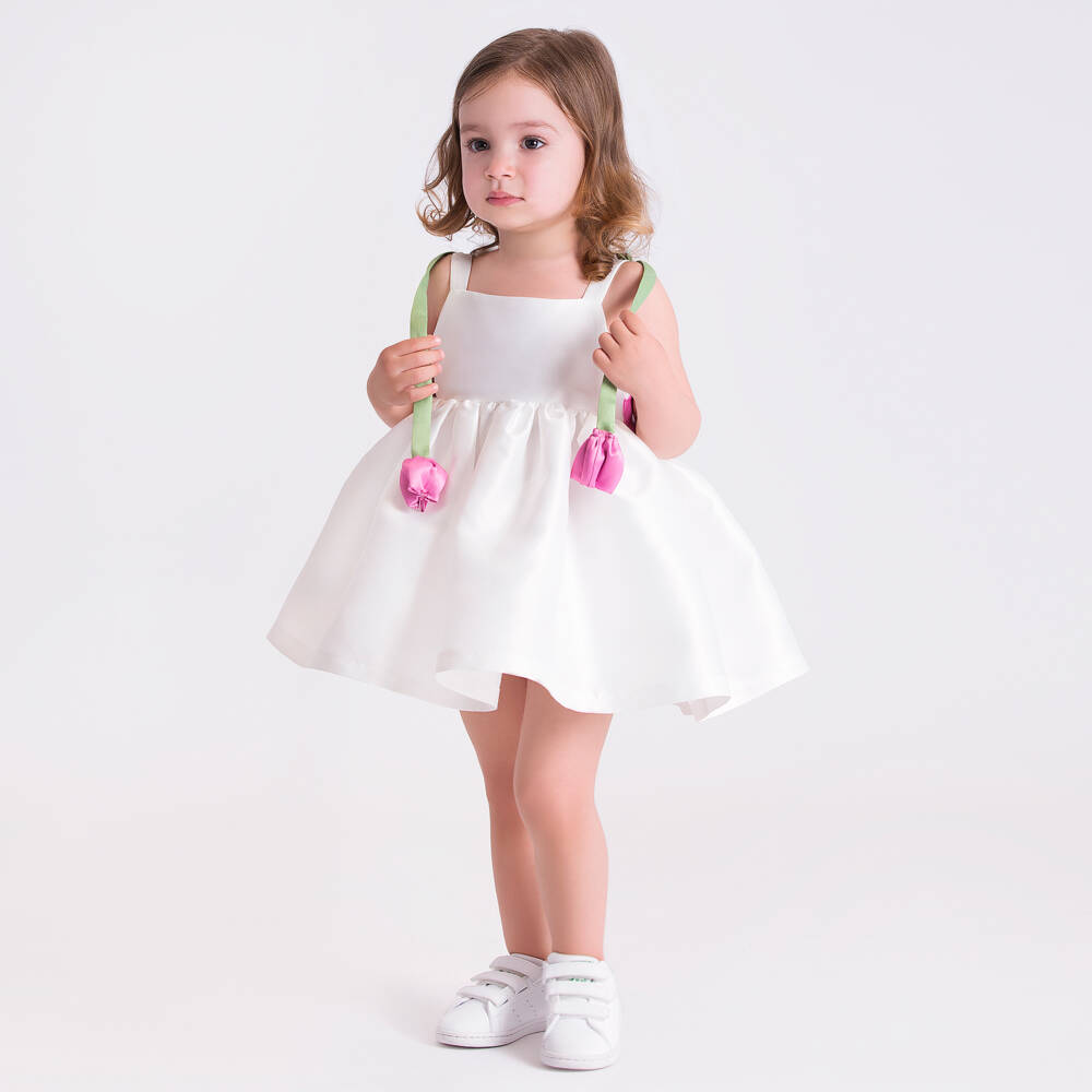 Mama Luma-Платье белое атласное с тюльпанами для девочек | Childrensalon