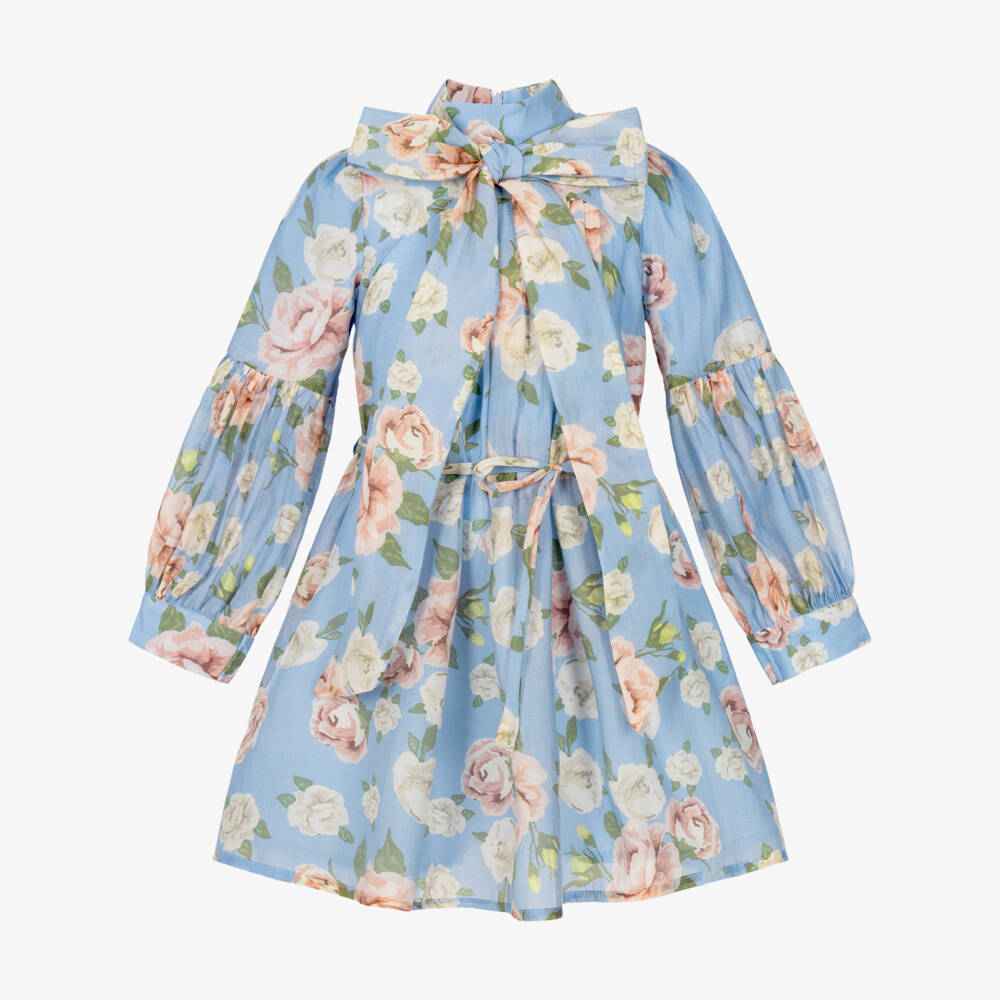 Mama Luma-Girls Blue Floral Dress with Bow Detail | Childrensalon