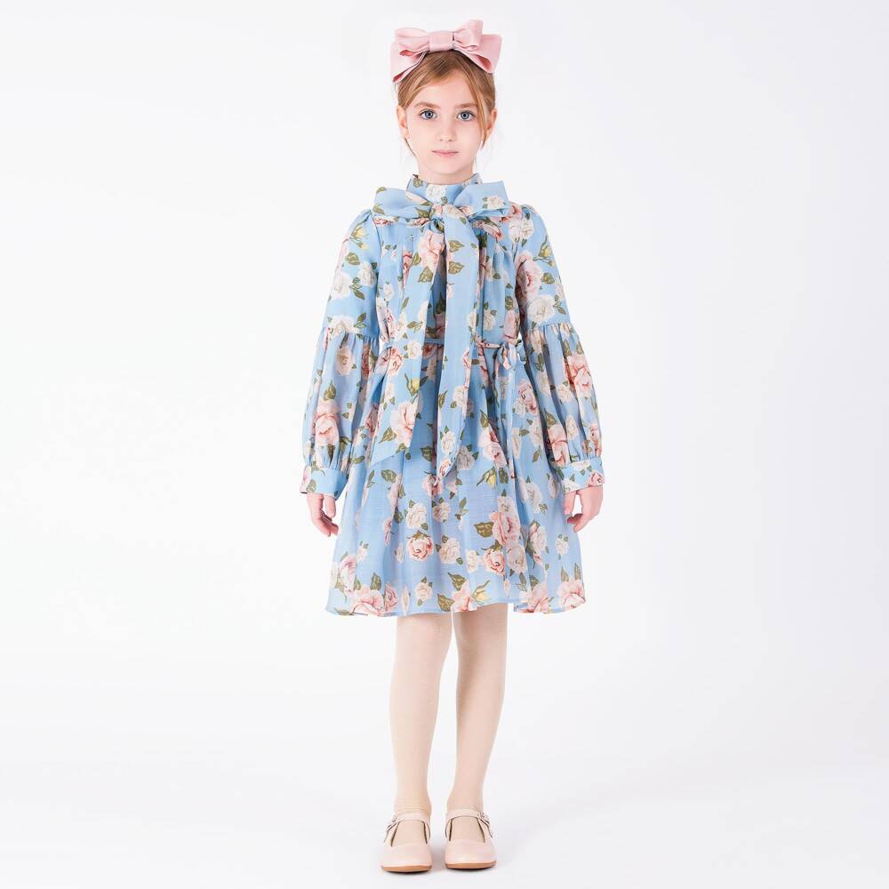 Mama Luma-Girls Blue Floral Dress with Bow Detail | Childrensalon