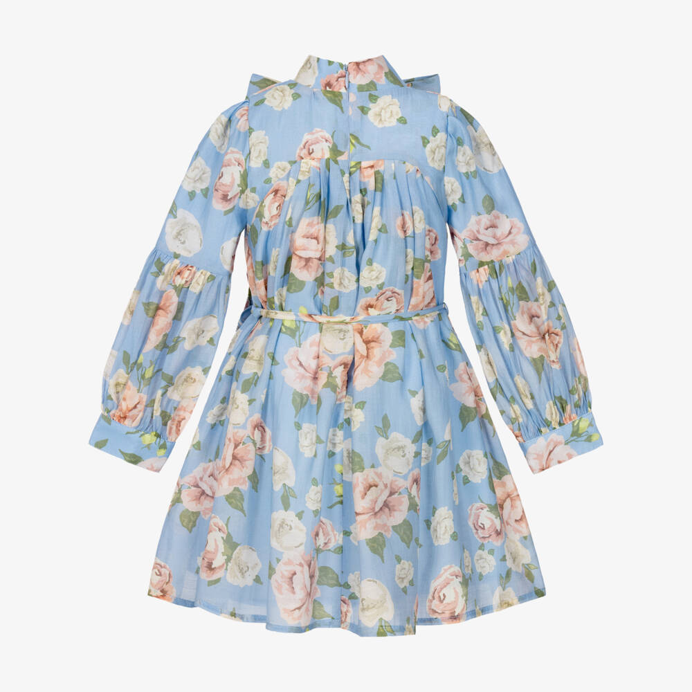 Mama Luma-Girls Blue Floral Dress with Bow Detail | Childrensalon