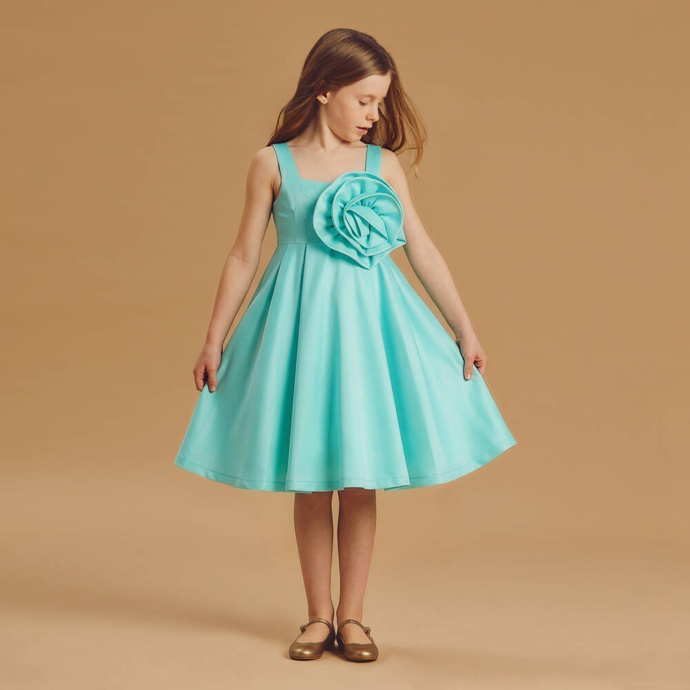 Mama Luma-Girls Blue Satin Dress with Oversized Floral Appliqué | Childrensalon