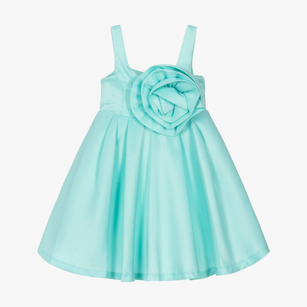 Mama Luma-Girls Blue Satin Dress with Oversized Floral Appliqué | Childrensalon