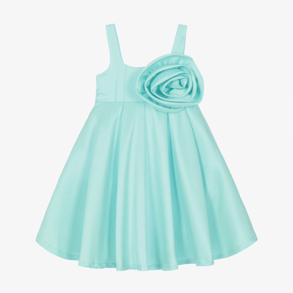 Mama Luma-Girls Blue Satin Dress with Oversized Floral Appliqué | Childrensalon