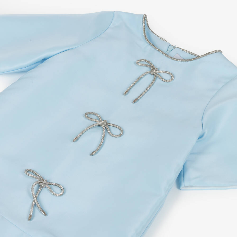 Mama Luma-Girls Blue Satin Twill Dress with Diamanté Bows | Childrensalon