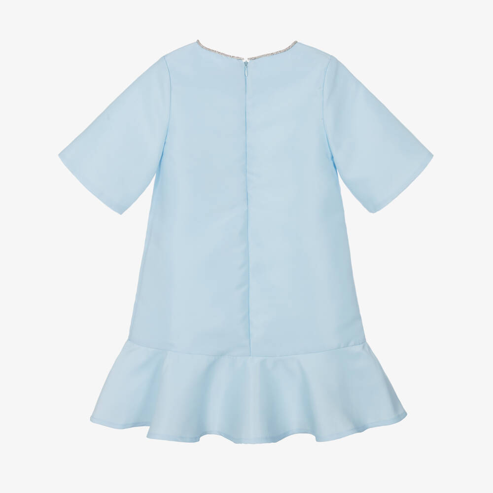 Mama Luma-Girls Blue Satin Twill Dress with Diamanté Bows | Childrensalon