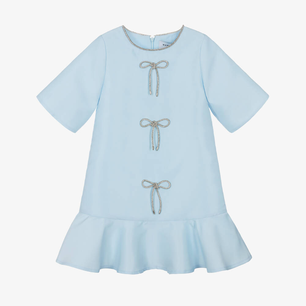 Mama Luma-Girls Blue Satin Twill Dress with Diamanté Bows | Childrensalon