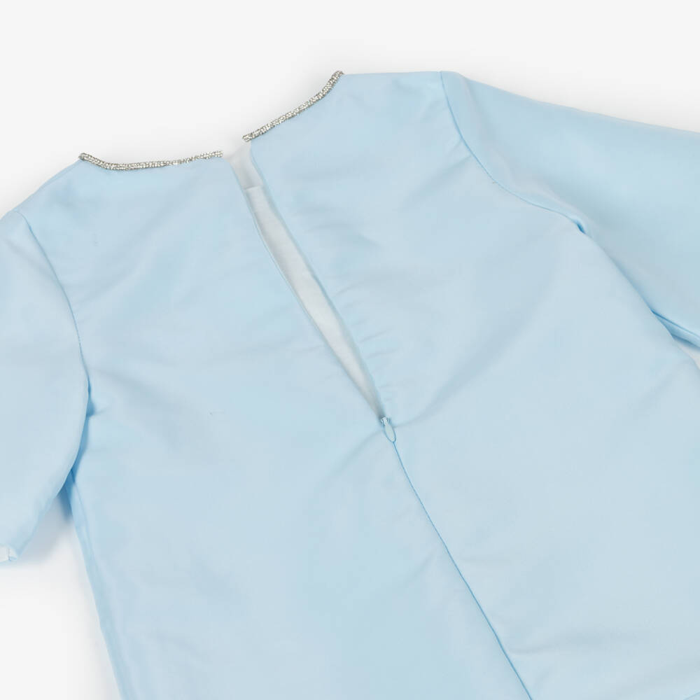 Mama Luma-Girls Blue Satin Twill Dress with Diamanté Bows | Childrensalon