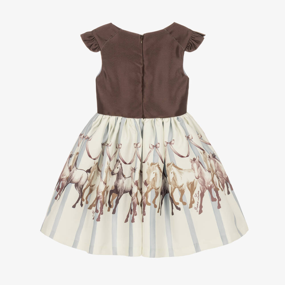 Mama Luma-Girls Brown Satin Twill Dress with Horse Motifs | Childrensalon