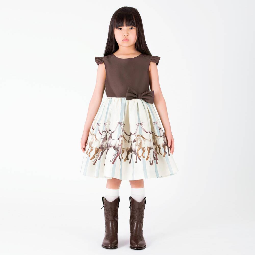 Mama Luma-Girls Brown Satin Twill Dress with Horse Motifs | Childrensalon