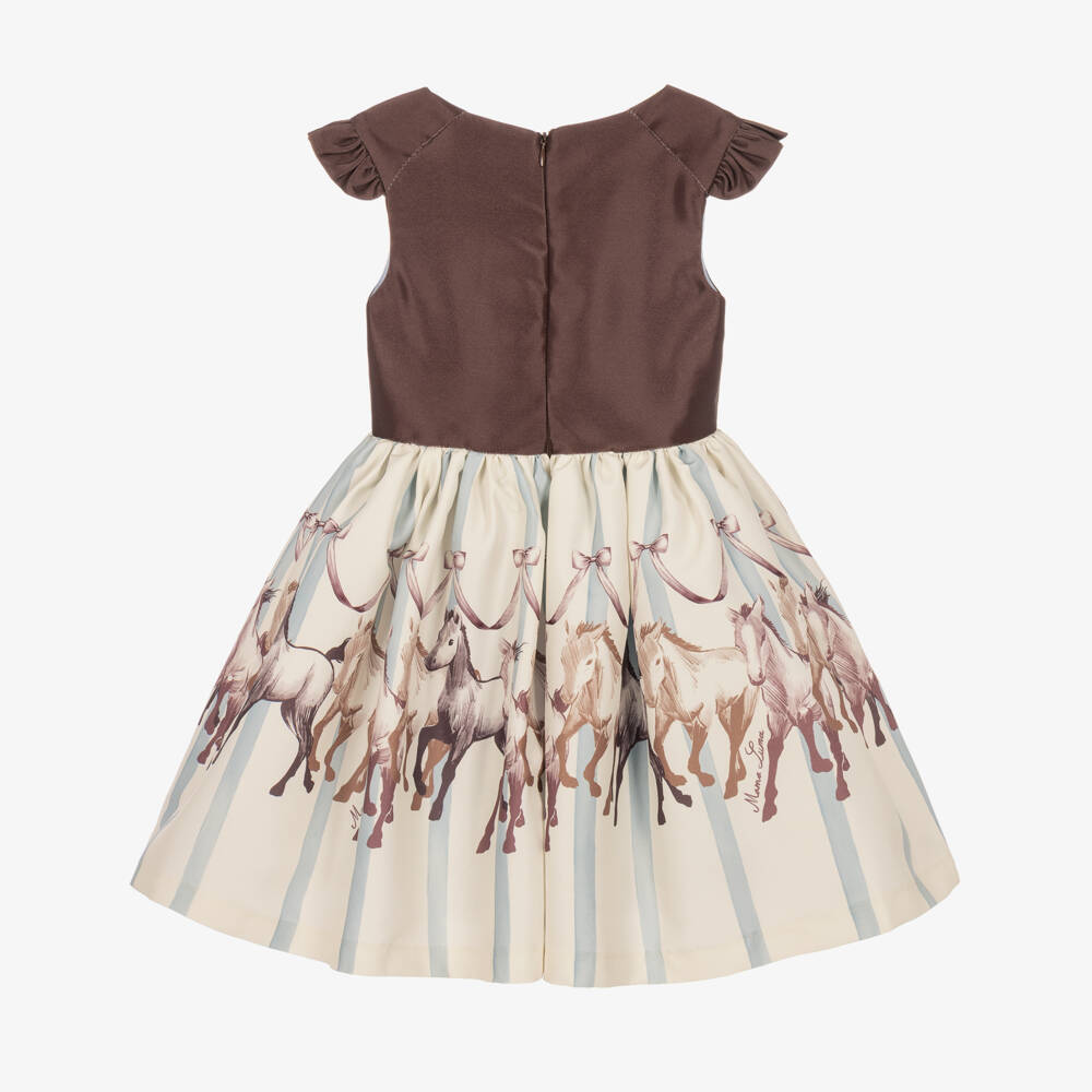 Mama Luma-Girls Brown Satin Twill Dress with Horse Motifs | Childrensalon