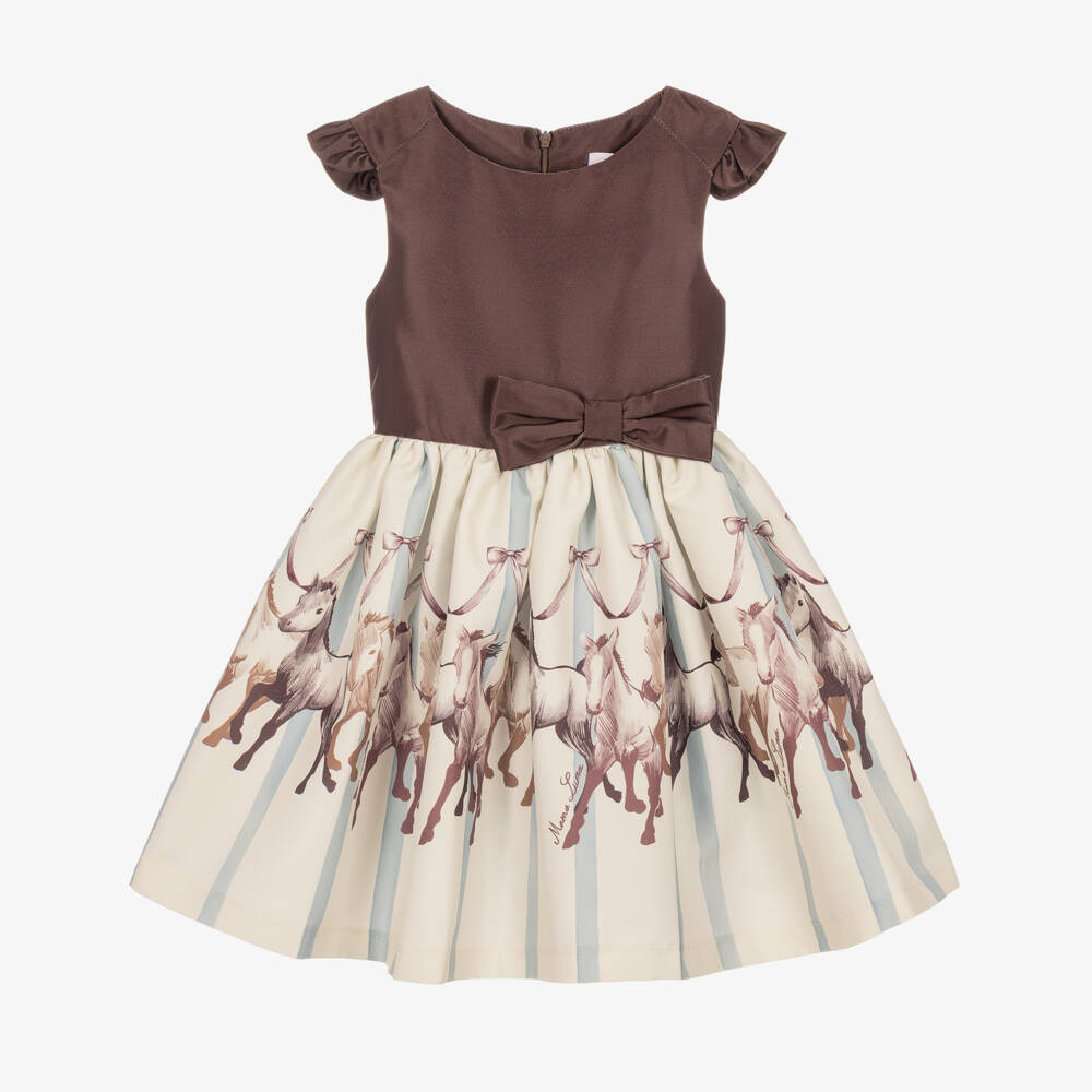 Mama Luma-Girls Brown Satin Twill Dress with Horse Motifs | Childrensalon