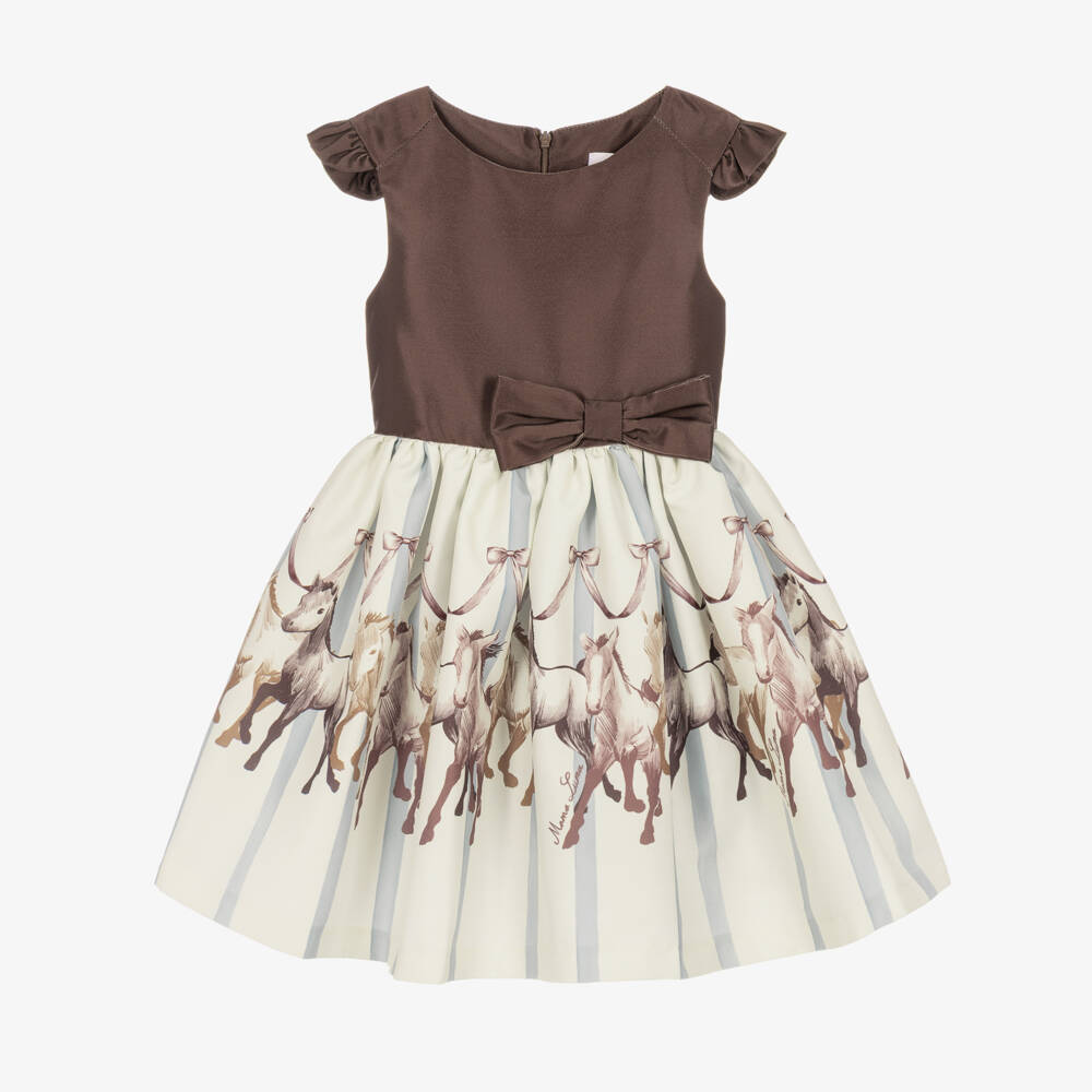Mama Luma-Girls Brown Satin Twill Dress with Horse Motifs | Childrensalon