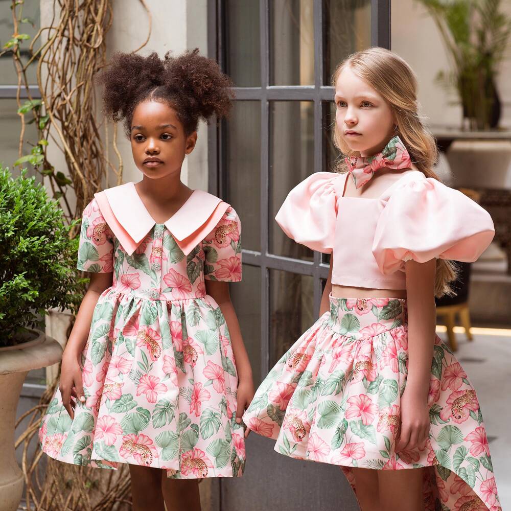 Mama Luma-Girls Coral Pink Satin Dress with Tropical Flower Print | Childrensalon