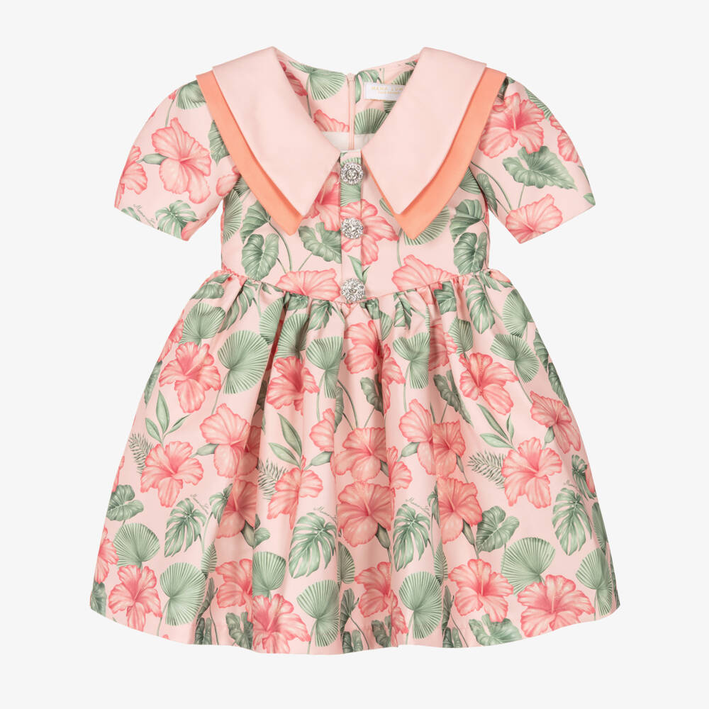 Mama Luma-Girls Coral Pink Satin Dress with Tropical Flower Print | Childrensalon