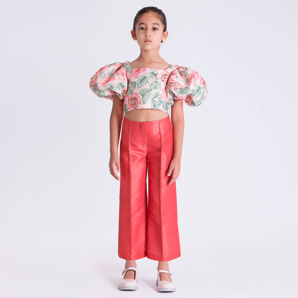 Mama Luma-Girls Coral Red Pleated Satin Trousers | Childrensalon