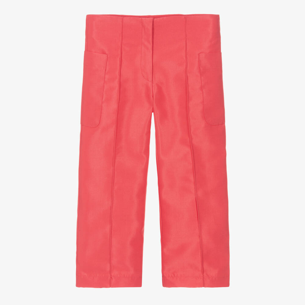 Mama Luma-Girls Coral Red Pleated Satin Trousers | Childrensalon