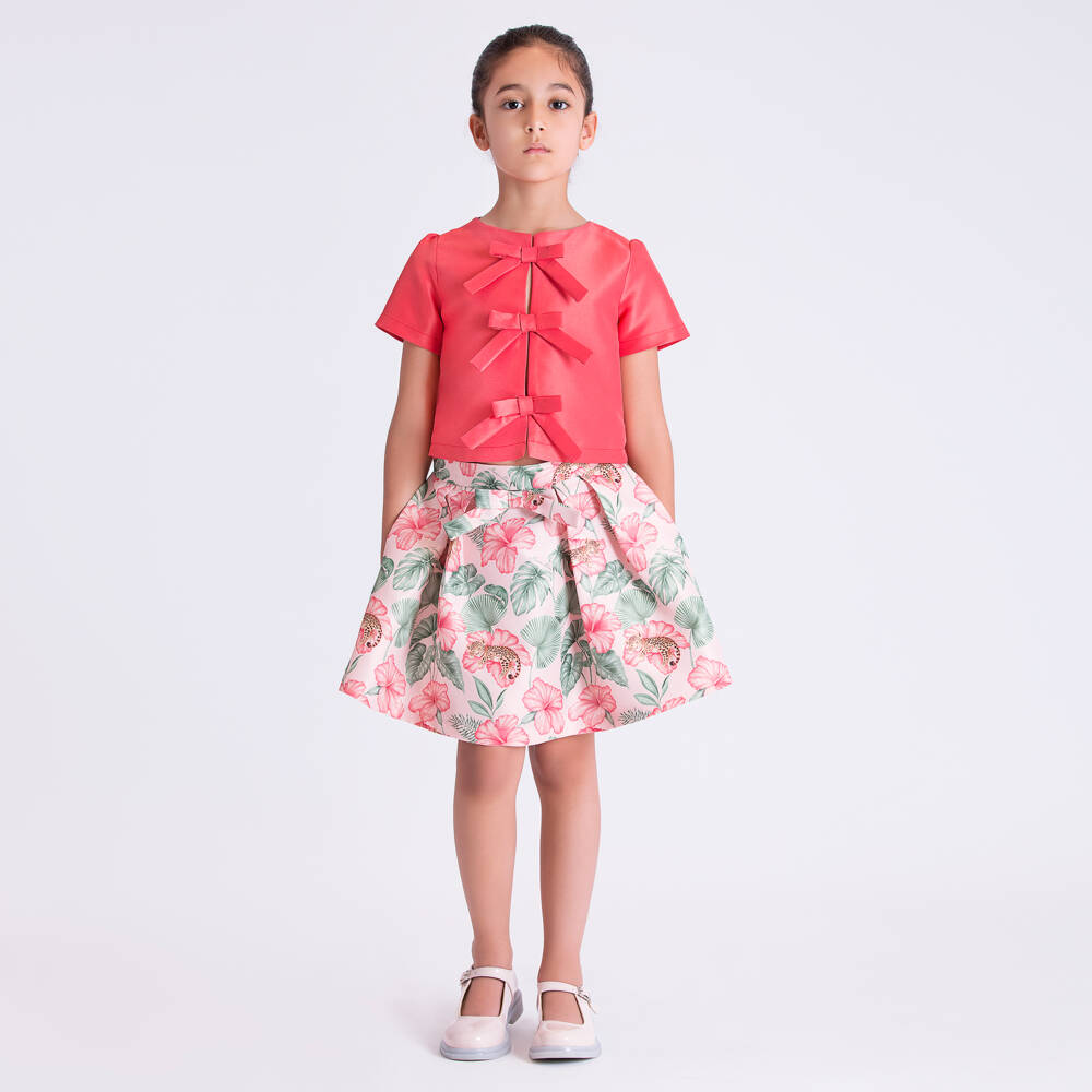 Mama Luma-Girls Coral Red Satin Bow Blouse | Childrensalon