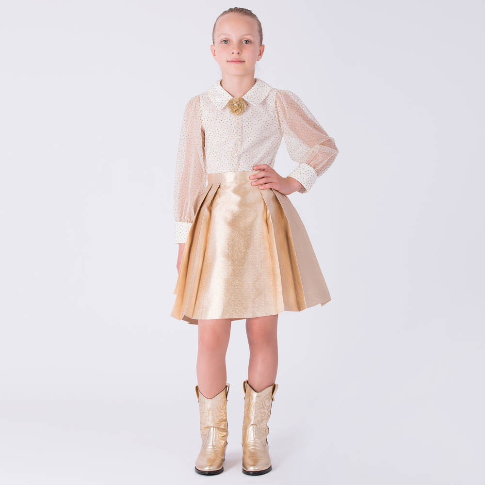 Mama Luma-تنورة بكسرات لون ذهبي لامع للبنات | Childrensalon