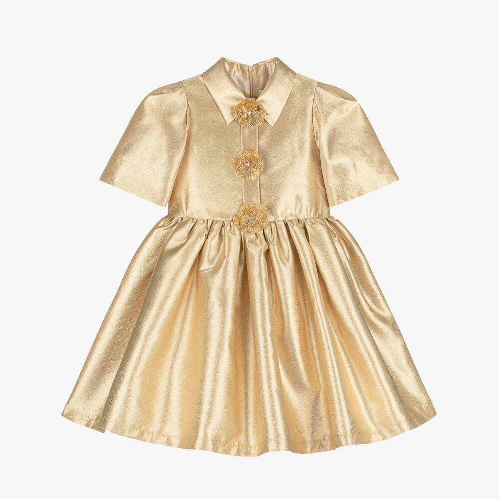 Mama Luma-Girls Gold Satin Twill Dress with Flower Brooches | Childrensalon