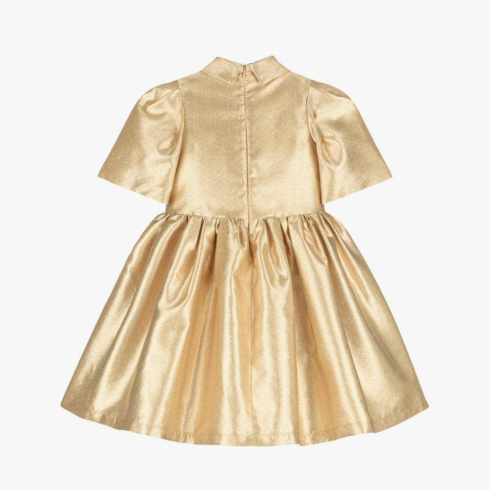 Mama Luma-Girls Gold Satin Twill Dress with Flower Brooches | Childrensalon