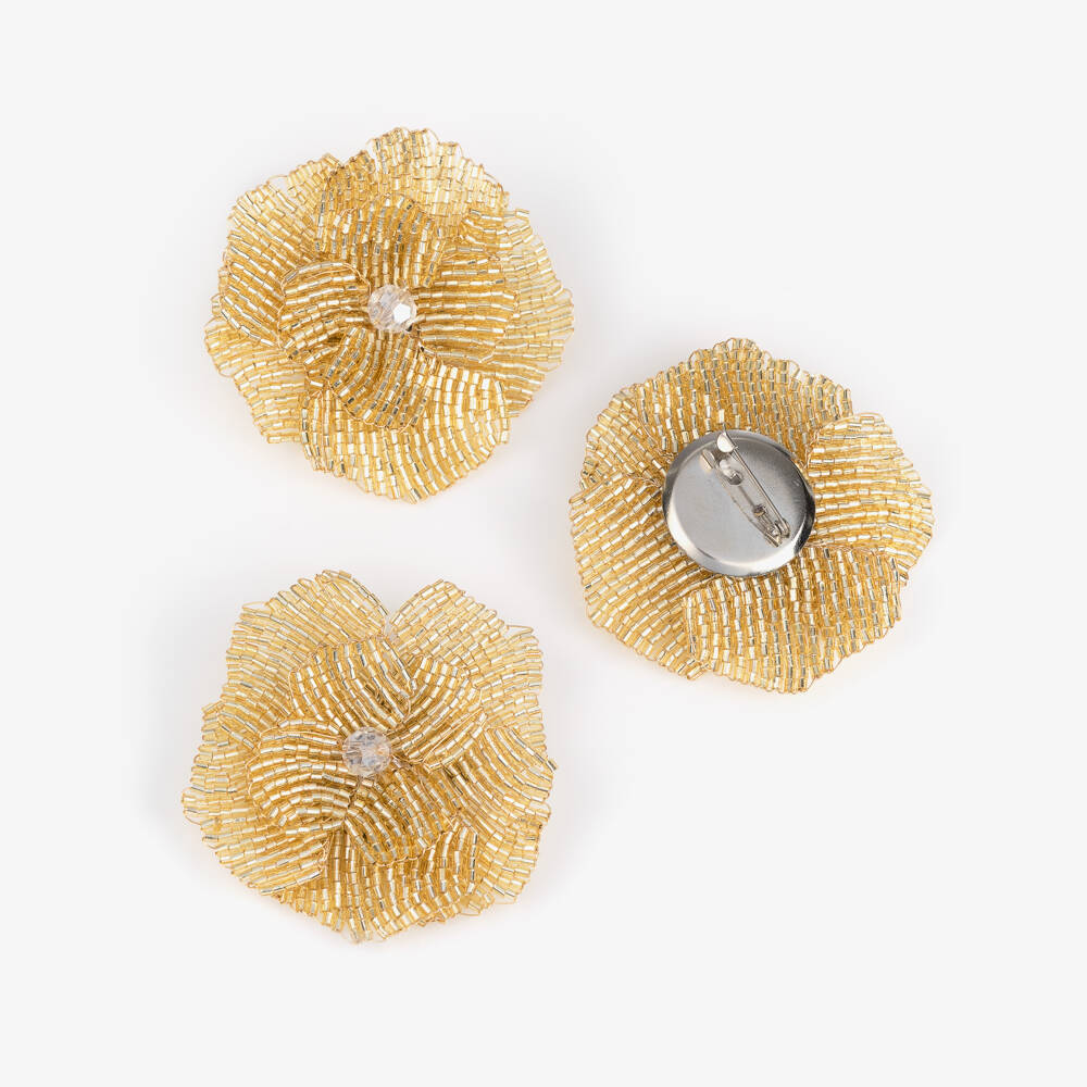 Mama Luma-Girls Gold Satin Twill Dress with Flower Brooches | Childrensalon