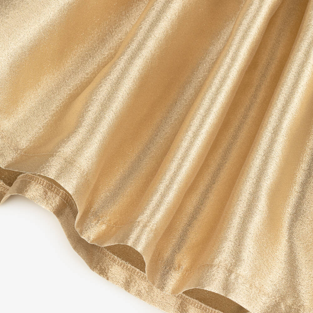 Mama Luma-Girls Gold Satin Twill Dress with Flower Brooches | Childrensalon