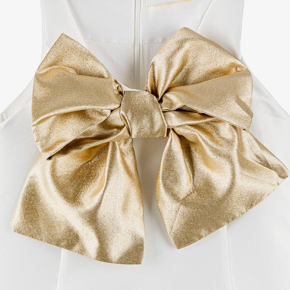 Mama Luma-Girls Ivory Satin Dress with Gold Bow | Childrensalon