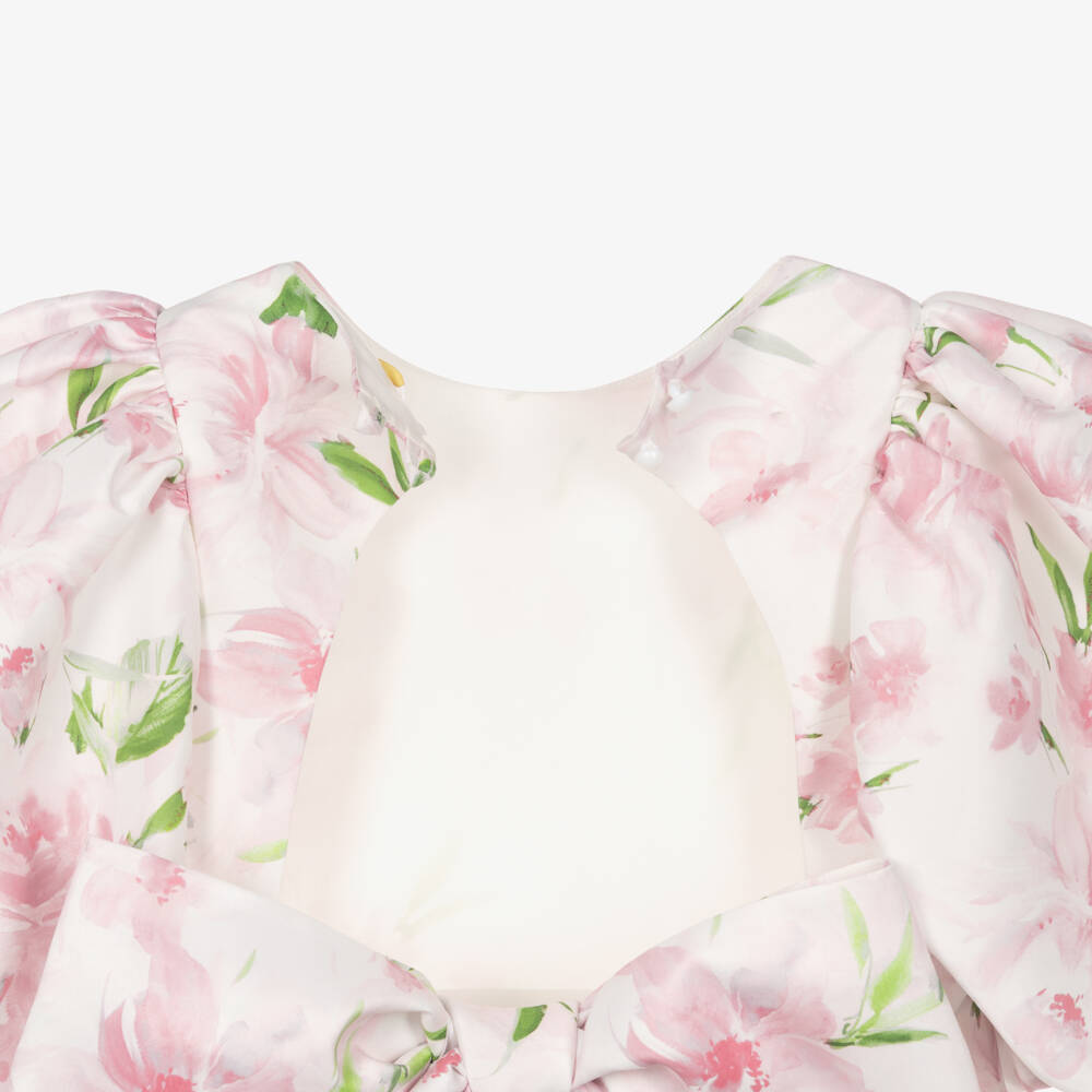 Mama Luma-Girls Ivory Satin Dress with Pink Floral Print | Childrensalon