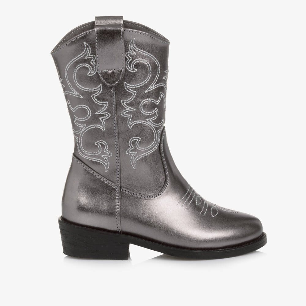 Mama Luma-Girls Metallic Silver Faux Leather Cowboy Boots | Childrensalon