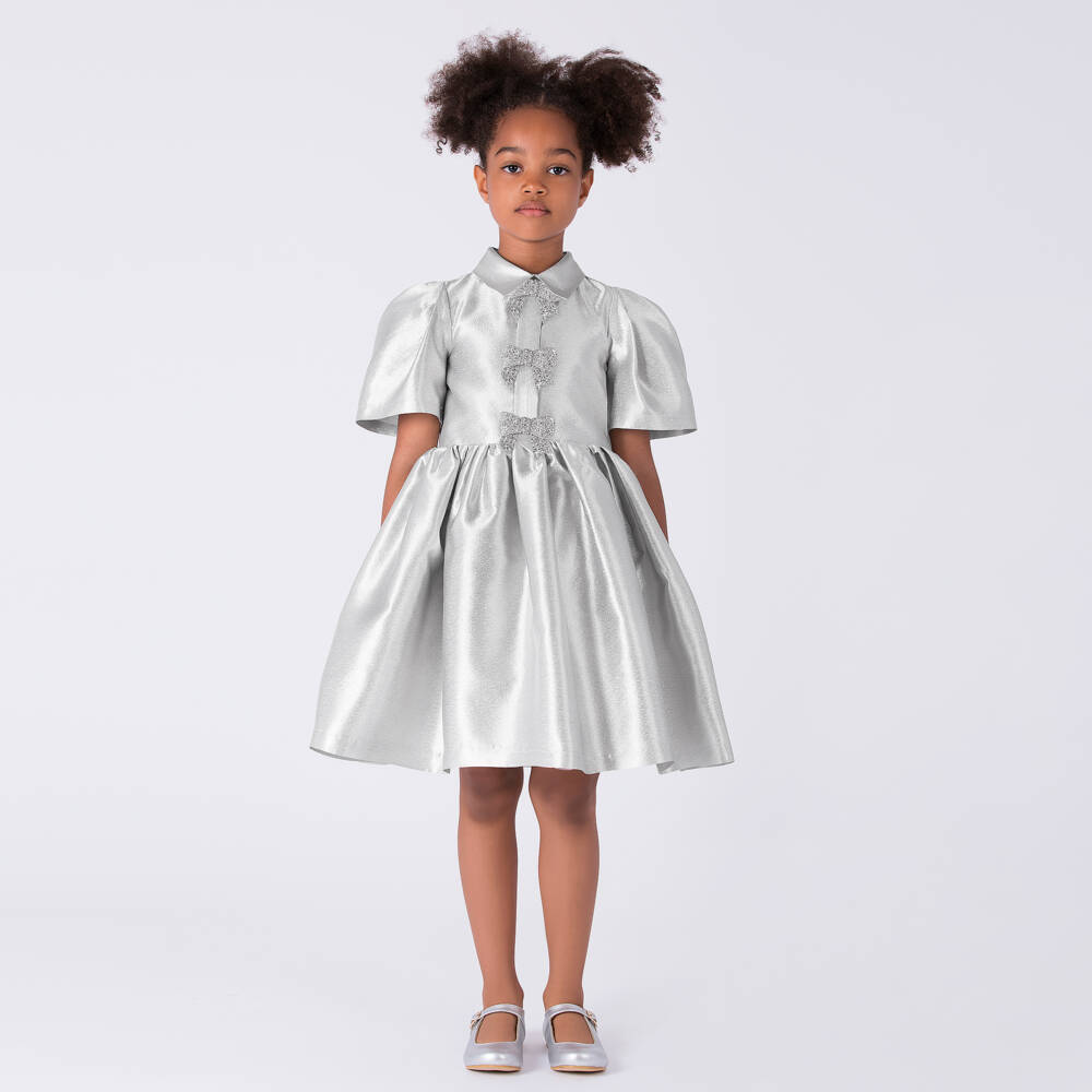 Mama Luma-فستان ساتان مزين بفيونكات لون فضي متاليك للبنات | Childrensalon