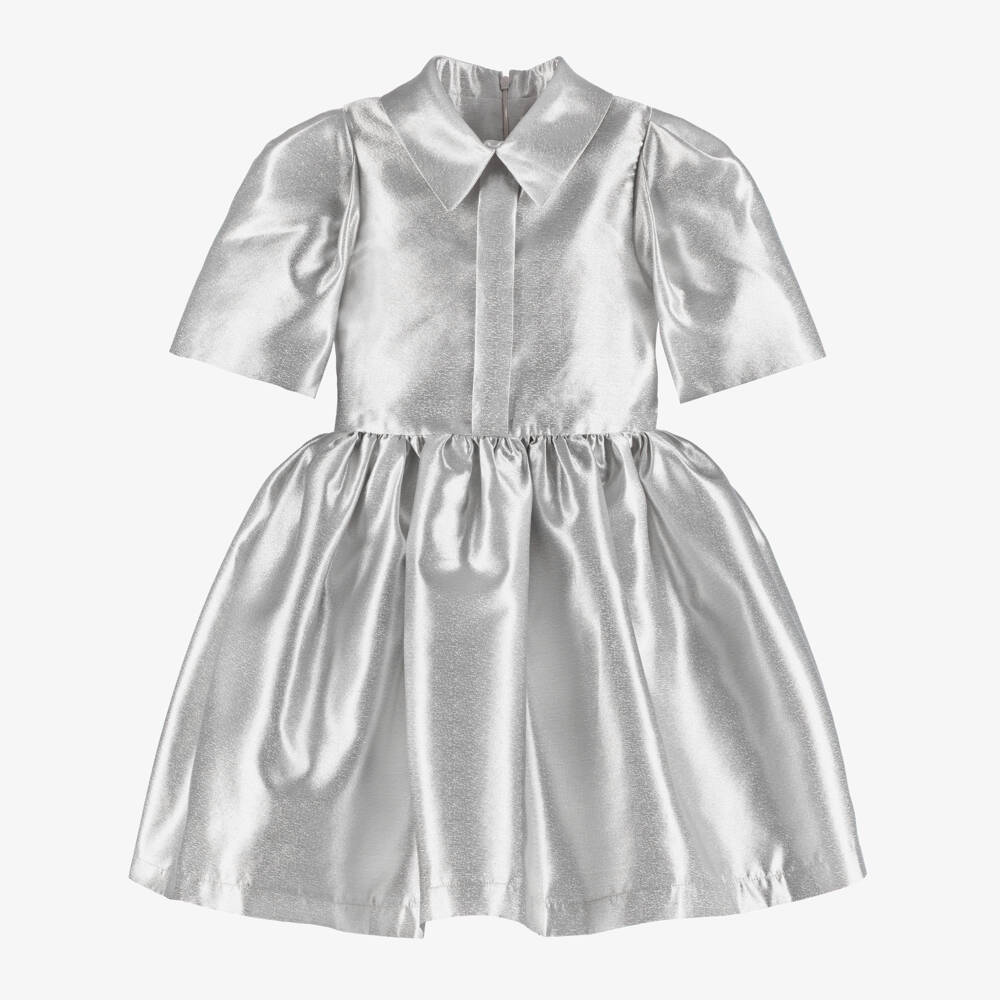 Mama Luma-Платье из серебристого атласа металлик с блестящими бантами для девочек | Childrensalon